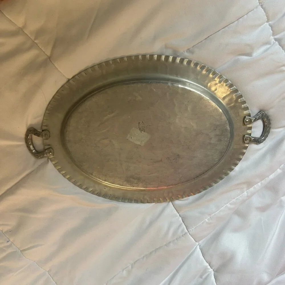 Everlast Metal Hand Forged Aluminum‎ Oval Tray Serving Platter Handles Flowers